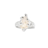 Silver ring with a clear gemstone on a white background