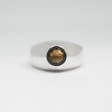 Silver ring with a dark gemstone on a white background