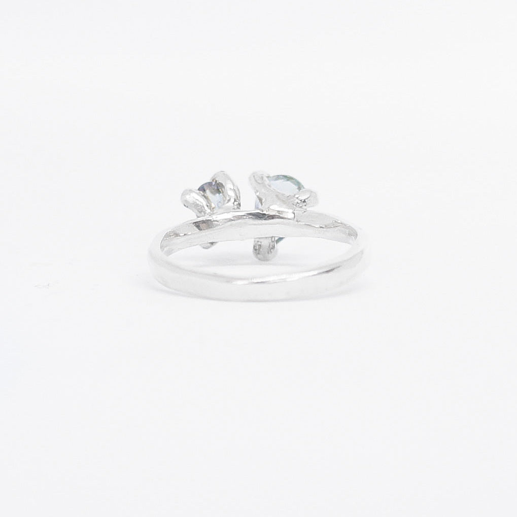 Silver ring toi et moi design with gemstone on a white background
