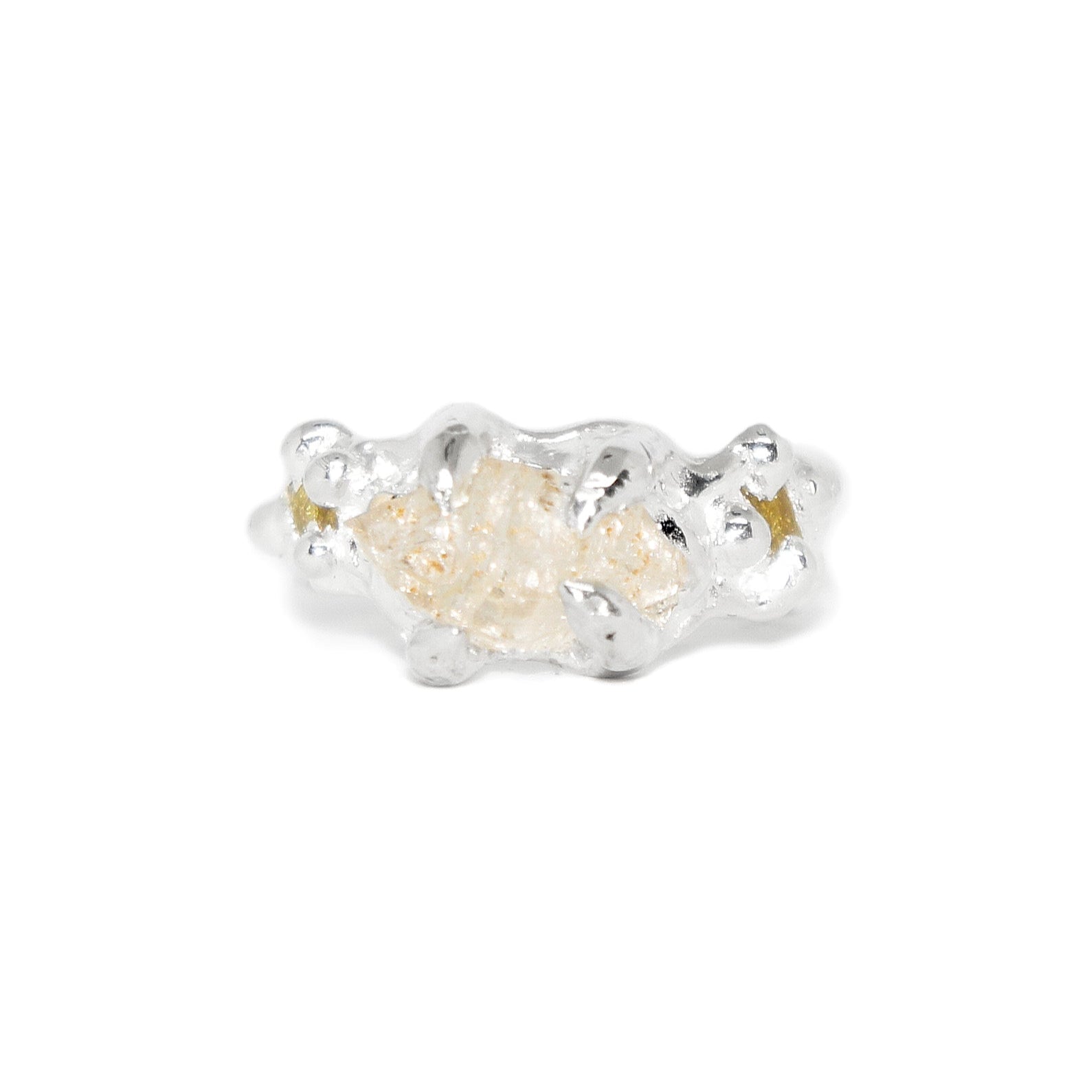 Sterling Silver Ring with Window Quartz & Yellow Lab-Grown Sapphires 