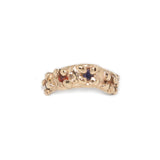 Gold ring with multi coloured sapphires on a white background