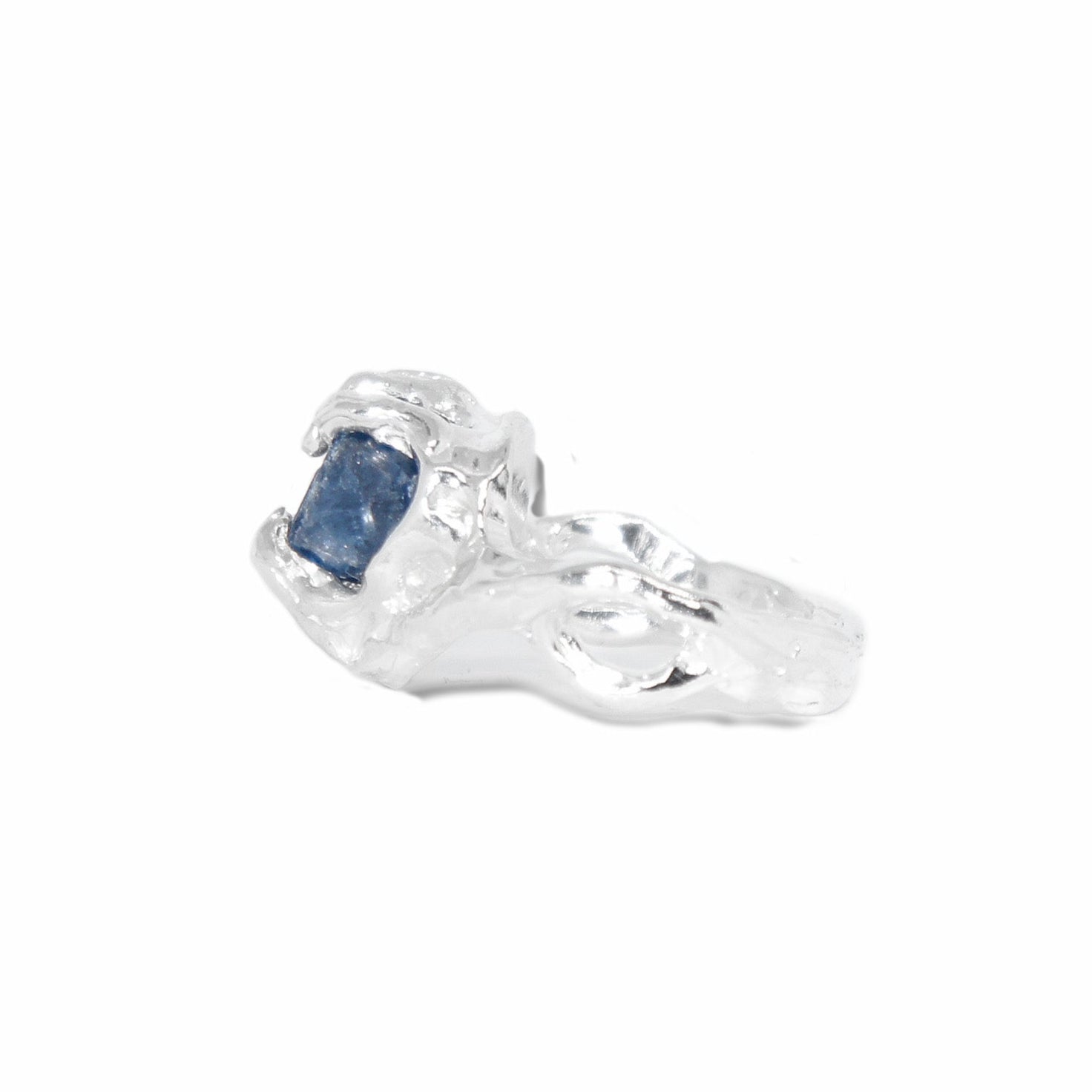 Sterling Silver Ring with Raw Blue Sapphire & Intertwined Band