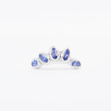 Silver ring with blue gemstones on a white background