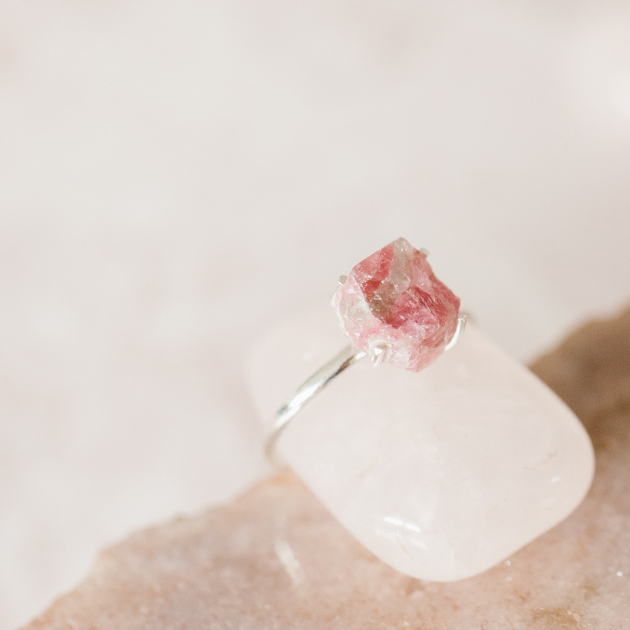 Raw Pink Tourmaline Ring- Sterling Silver