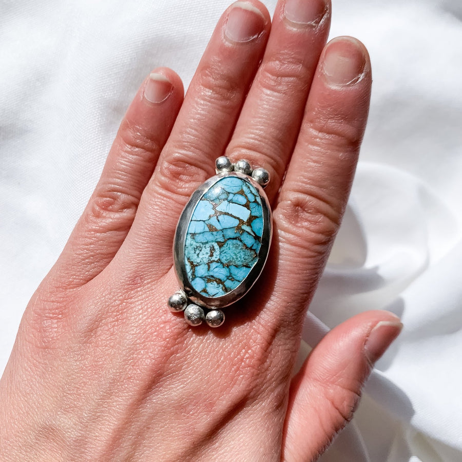 Bold Copper Turquoise Ring-  Silver - Size Q (US 8¼)